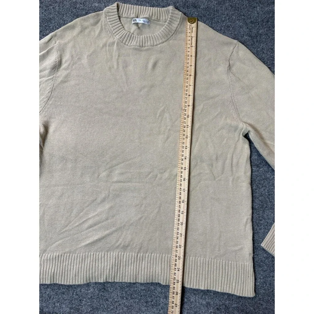 Zara Sweater Mens L Beige Crew Neck Knit Lightweight Long Sleeve Pullover Casual